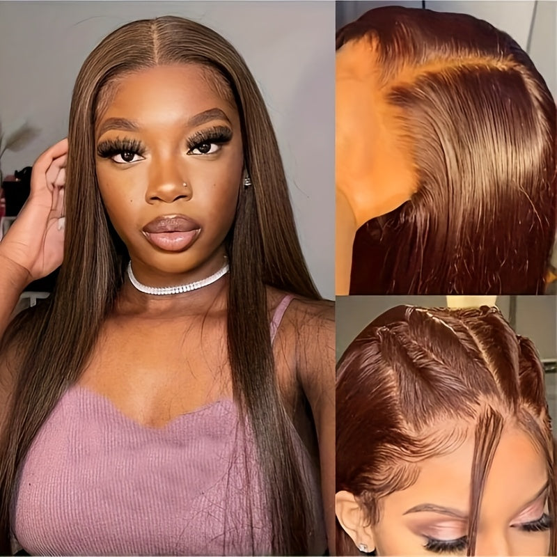 250% Density Chocolate Brown Straight Human Hair Wig - 13x5 HD Lace Front, Pre-Plucked Natural Hairline, Brazilian Remy Hair for Women, Long Silky Straight Style, Perfect for Everyday Glamour